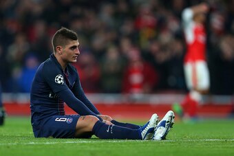LONDON, ENGLAND - NOVEMBER 23: A dejected looking Marco Verratti of Paris St Germain after scoring an own goal during the UEFA Champions League match between Arsenal FC and Paris Saint-Germain at Emirates Stadium on November 23, 2016 in London, England. (
