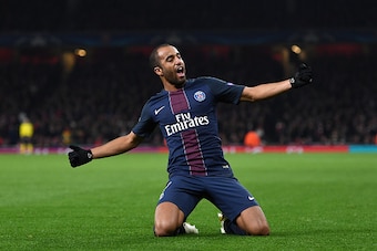 LONDON, ENGLAND - NOVEMBER 23:  Lucas of PSG celebrates scoring his sides second goal during the UEFA Champions League Group A match between Arsenal FC and Paris Saint-Germain at the Emirates Stadium on November 23, 2016 in London, England.  (Photo by Sha