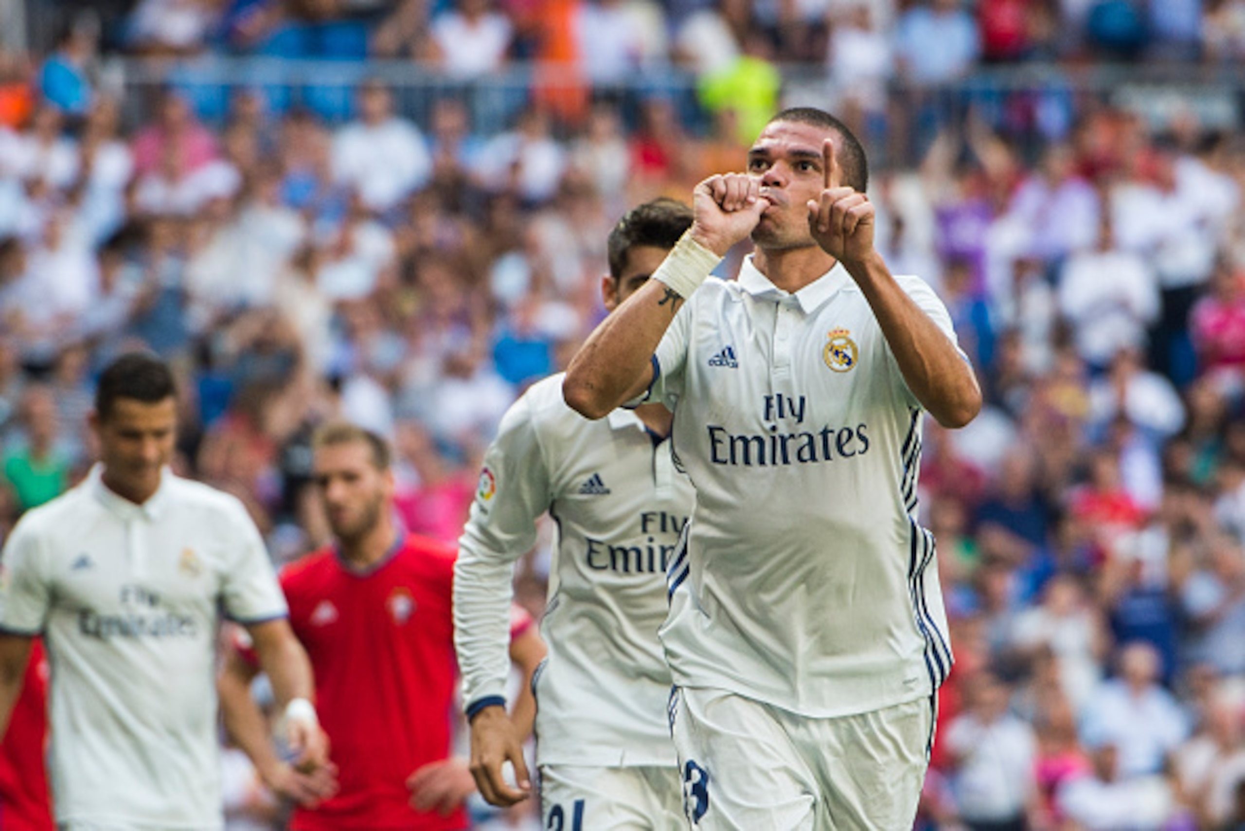 MADRID - SEPTEMBER 10: Pepe of Real Madrid celebrates after scoring during the La Liga match between Real Madrid and Osasuna at the Santiago Bernabeu Stadium on 10 September 2016 in Madrid, Spain. (Photo by Power Sport Images/Getty Images)