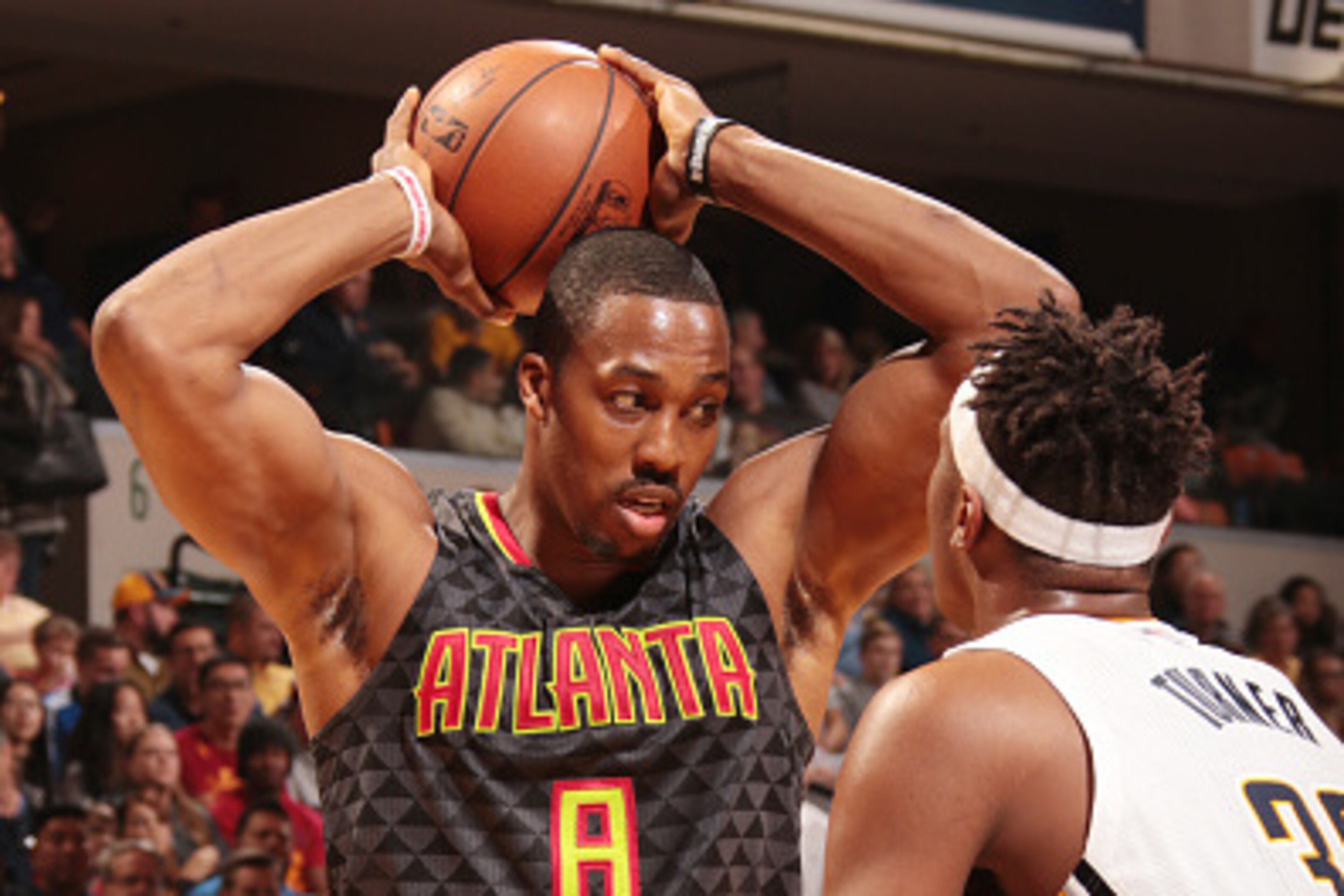 INDIANAPOLIS, IN - NOVEMBER 23:  Dwight Howard #8 of the Atlanta Hawks passes the ball against the Indiana Pacers during the game on November 23, 2016 at Bankers Life Fieldhouse in Indianapolis, Indiana. NOTE TO USER: User expressly acknowledges and agree