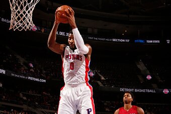 AUBURN HILLS, MI - NOVEMBER 23:  Andre Drummond #0 of the Detroit Pistons grabs the rebound against the Miami Heaton November 23, 2016 at The Palace of Auburn Hills in Auburn Hills, Michigan. NOTE TO USER: User expressly acknowledges and agrees that, by d
