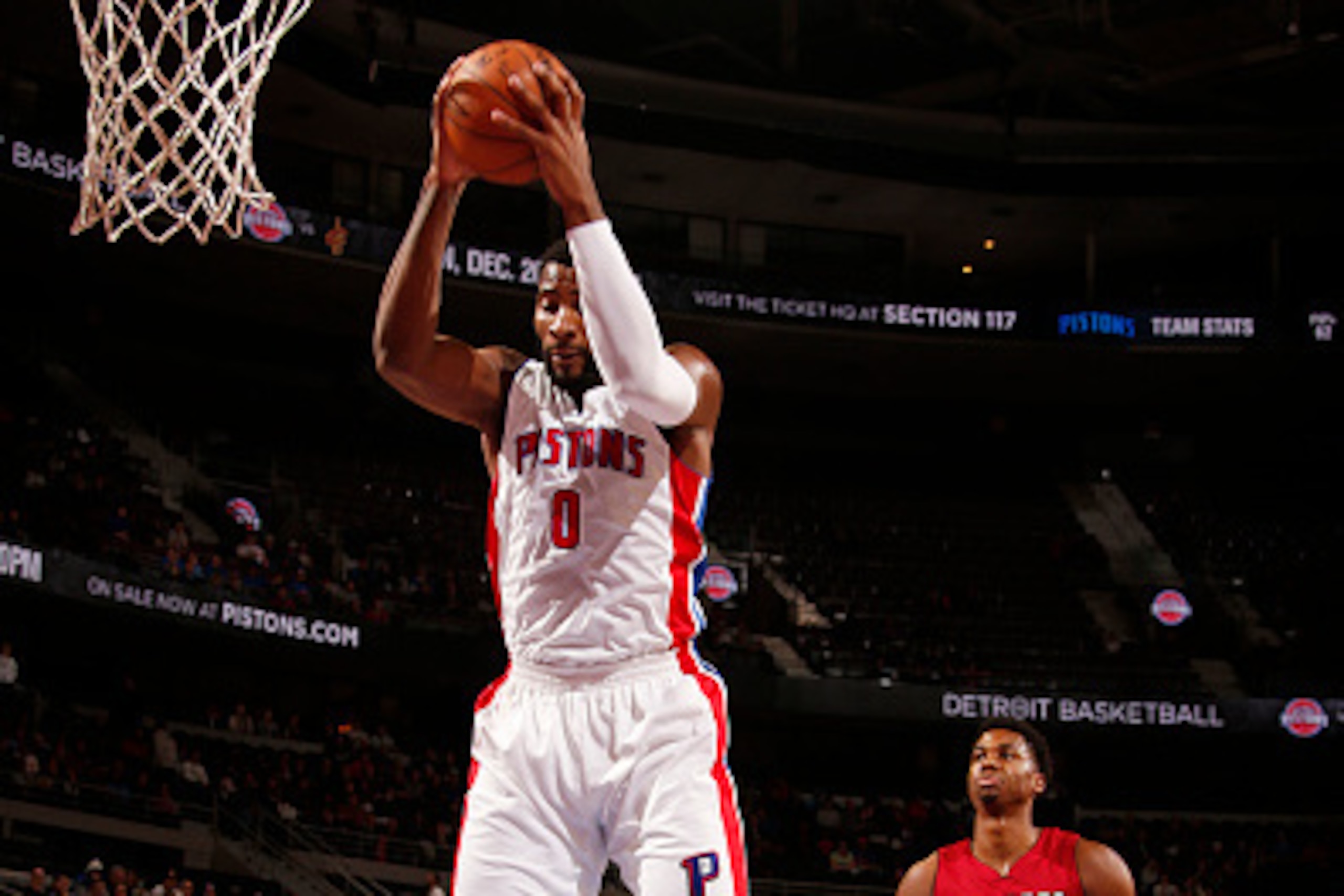AUBURN HILLS, MI - NOVEMBER 23:  Andre Drummond #0 of the Detroit Pistons grabs the rebound against the Miami Heaton November 23, 2016 at The Palace of Auburn Hills in Auburn Hills, Michigan. NOTE TO USER: User expressly acknowledges and agrees that, by d
