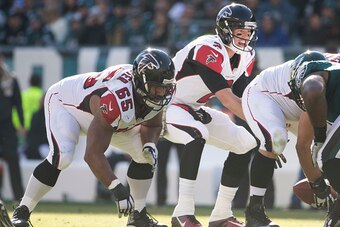 PHILADELPHIA, PA - NOVEMBER 13: Matt Ryan #2 and Chris Chester #65 of the Atlanta Falcons play against the Philadelphia Eagles at Lincoln Financial Field on November 13, 2016 in Philadelphia, Pennsylvania. The Eagles defeated the Falcons 24-15. (Photo by 
