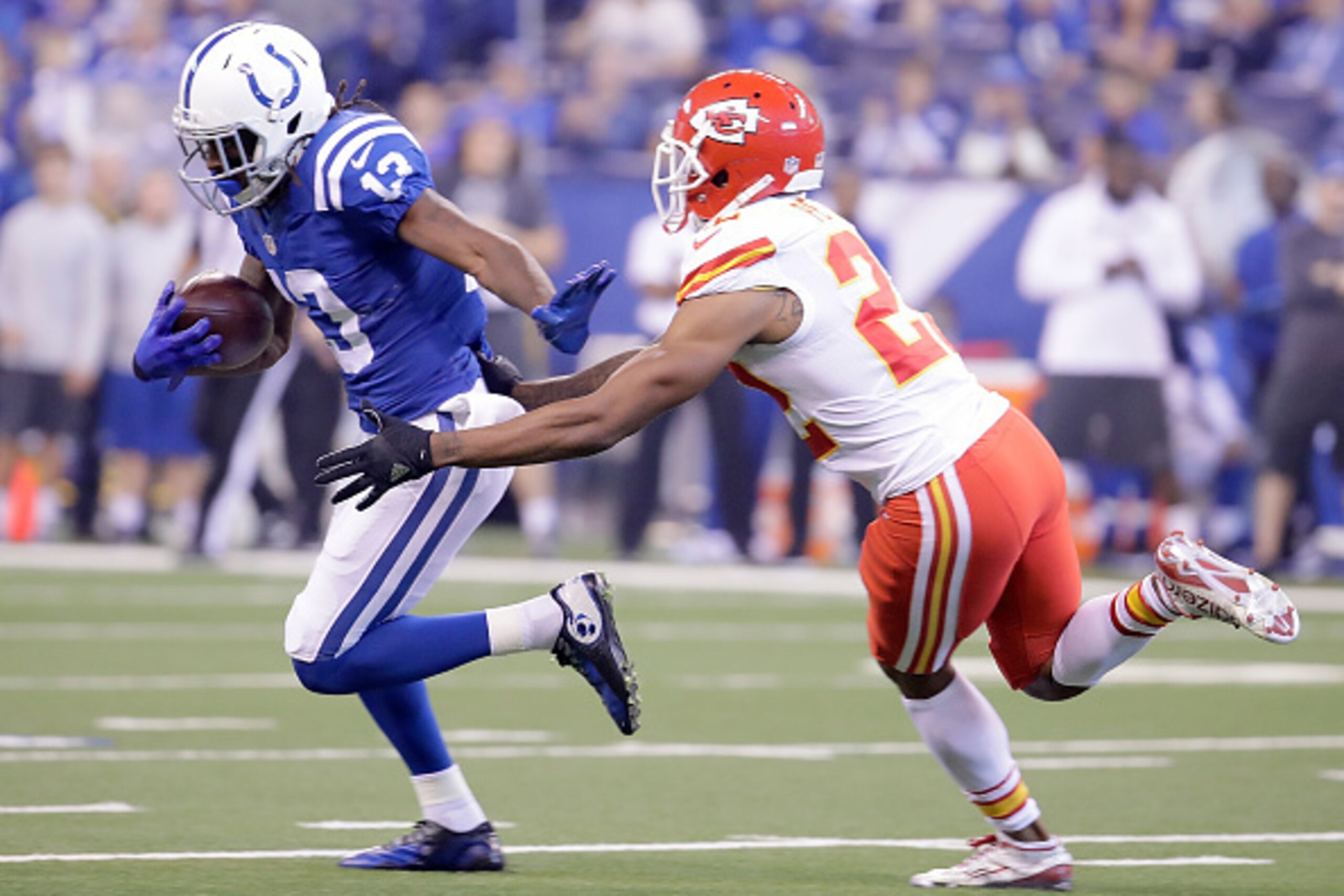 INDIANAPOLIS, IN - OCTOBER 30:  T.Y. Hilton #13 of the Indianapolis Colts runs past Marcus Peters #22 of the Kansas City Chiefs during the first quarter of the game at Lucas Oil Stadium on October 30, 2016 in Indianapolis, Indiana.  (Photo by Andy Lyons/G