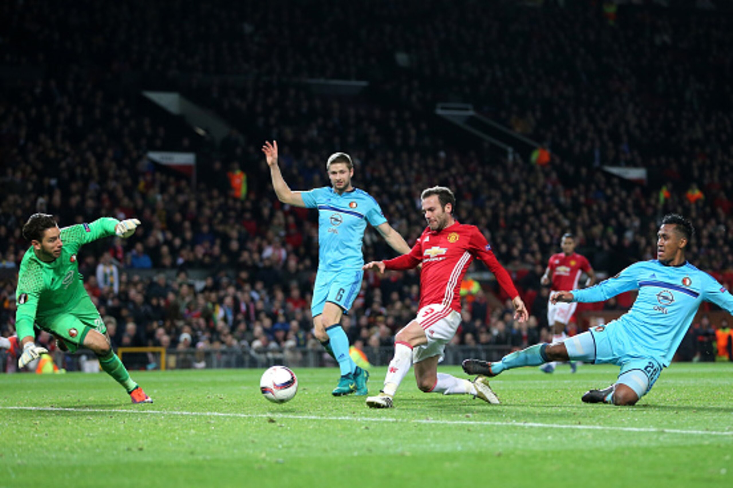 MANCHESTER, ENGLAND - NOVEMBER 24:  Juan Mata of Manchester United scores the second goal to make the score 2-0 during the UEFA Europa League match between Manchester United FC and Feyenoord at Old Trafford on November 24, 2016 in Manchester, England.  (P