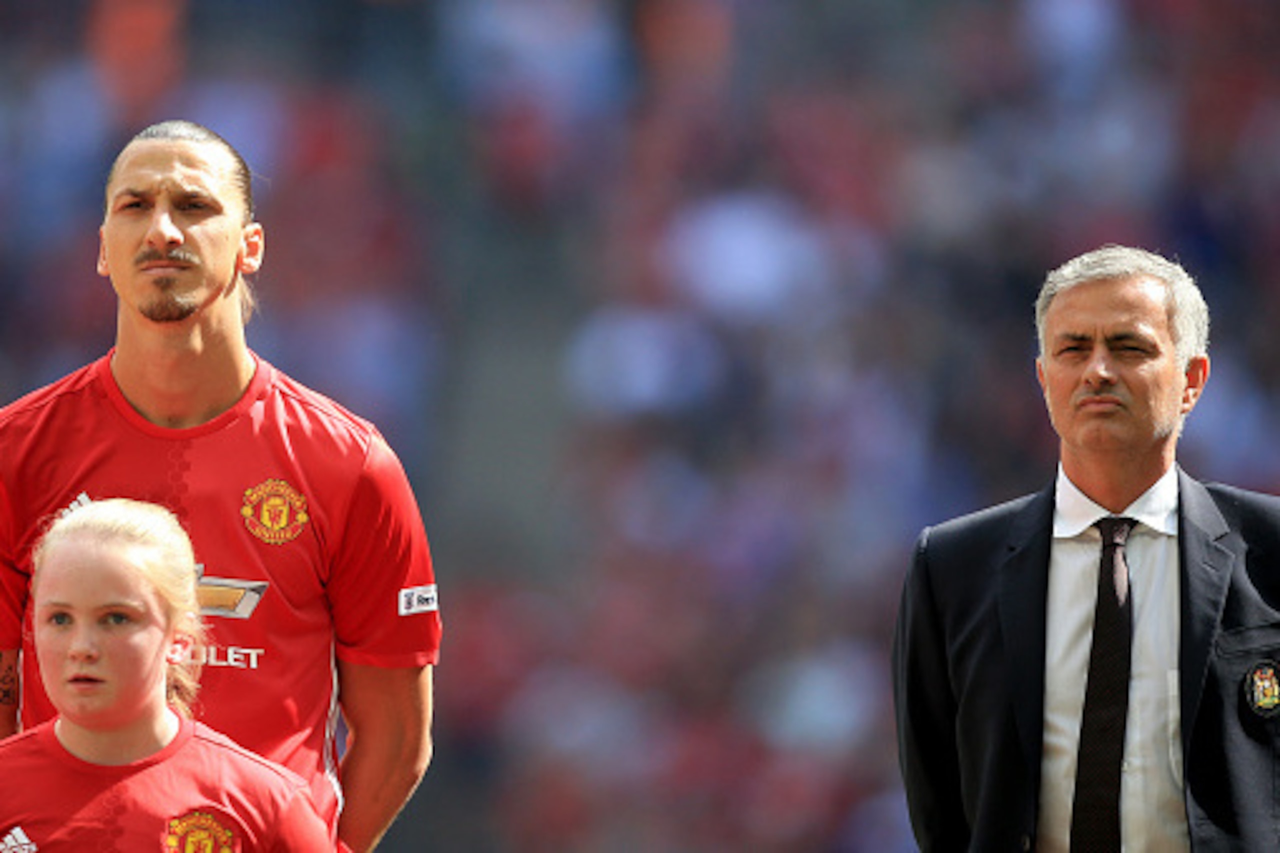 LONDON, ENGLAND - AUGUST 07: (L) Zlatan Ibrahimovic of Manchester United and (R) Manager of Manchester United, Jose Mourinho line up before kick off during The FA Community Shield match between Leicester City and Manchester United at Wembley Stadium on Au LONDON, ENGLAND - AUGUST 07: (L) Zlatan Ibrahimovic of Manchester United and (R) Manager of Manchester United, Jose Mourinho line up before kick off during The FA Community Shield match between Leicester City and Manchester United at Wembley Stadium on Au