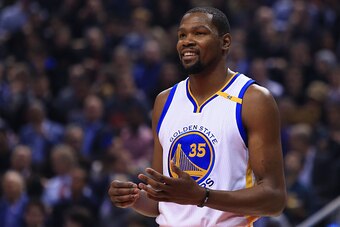 TORONTO, ON - NOVEMBER 16:  Kevin Durant #35 of the Golden State Warriors smiles in the first half of an NBA game against the Toronto Raptors at Air Canada Centre on November 16, 2016 in Toronto, Canada.  NOTE TO USER: User expressly acknowledges and agre