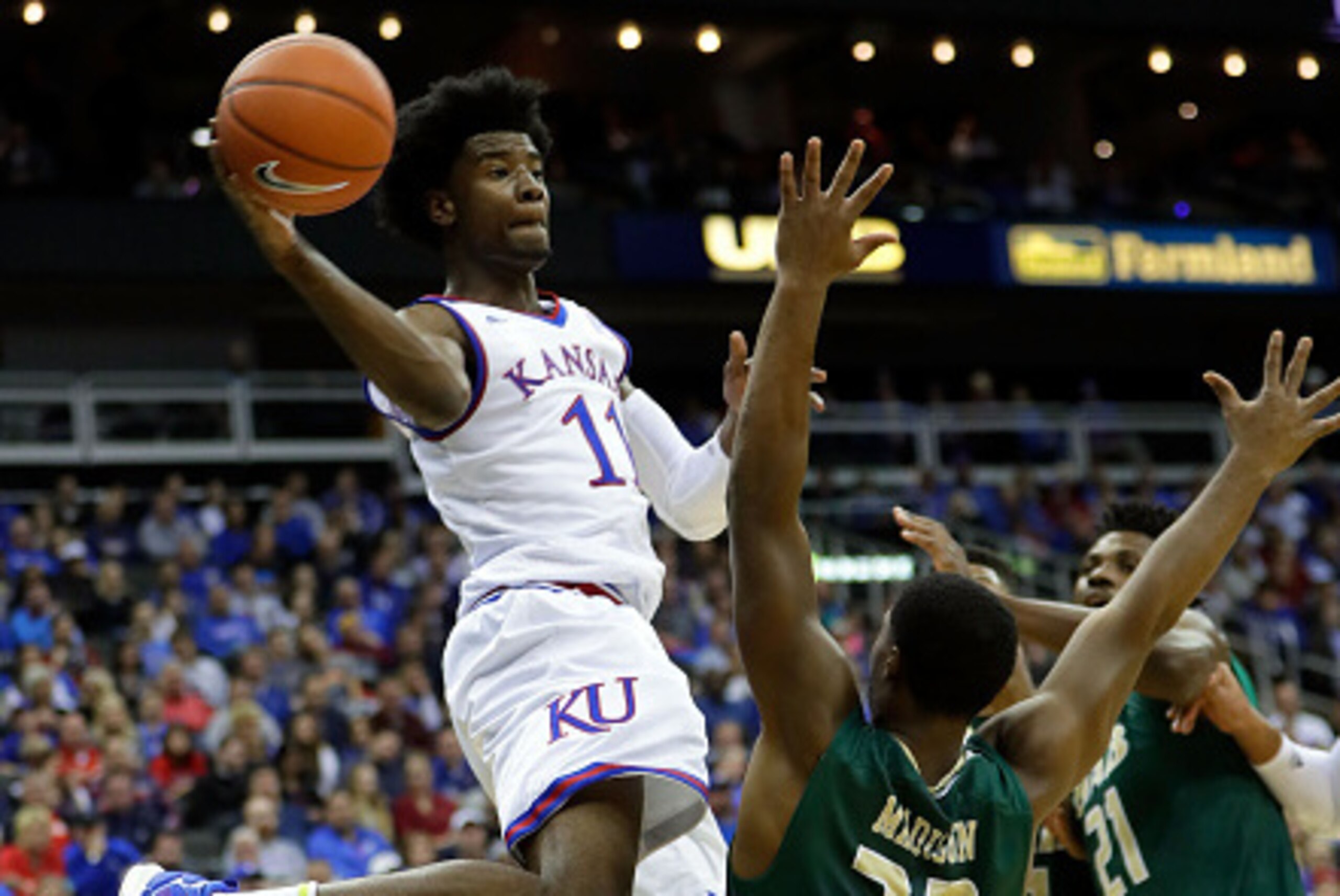 KANSAS CITY, MO - NOVEMBER 21: Josh Jackson #11 of the Kansas Jayhawks shoots during the CBE Hall of Fame Classic game at the Sprint Center on November 21, 2016 in Kansas City, Missouri. (Photo by Jamie Squire/Getty Images) KANSAS CITY, MO - NOVEMBER 21: Josh Jackson #11 of the Kansas Jayhawks shoots during the CBE Hall of Fame Classic game at the Sprint Center on November 21, 2016 in Kansas City, Missouri. (Photo by Jamie Squire/Getty Images)