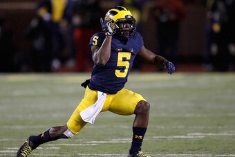ANN ARBOR, MI - NOVEMBER 19: Jabrill Peppers #5 of the Michigan Wolverines celebrates a second half sack while playing the Indiana Hoosiers on November 19, 2016 at Michigan Stadium in Ann Arbor, Michigan. (Photo by Gregory Shamus/Getty Images)
