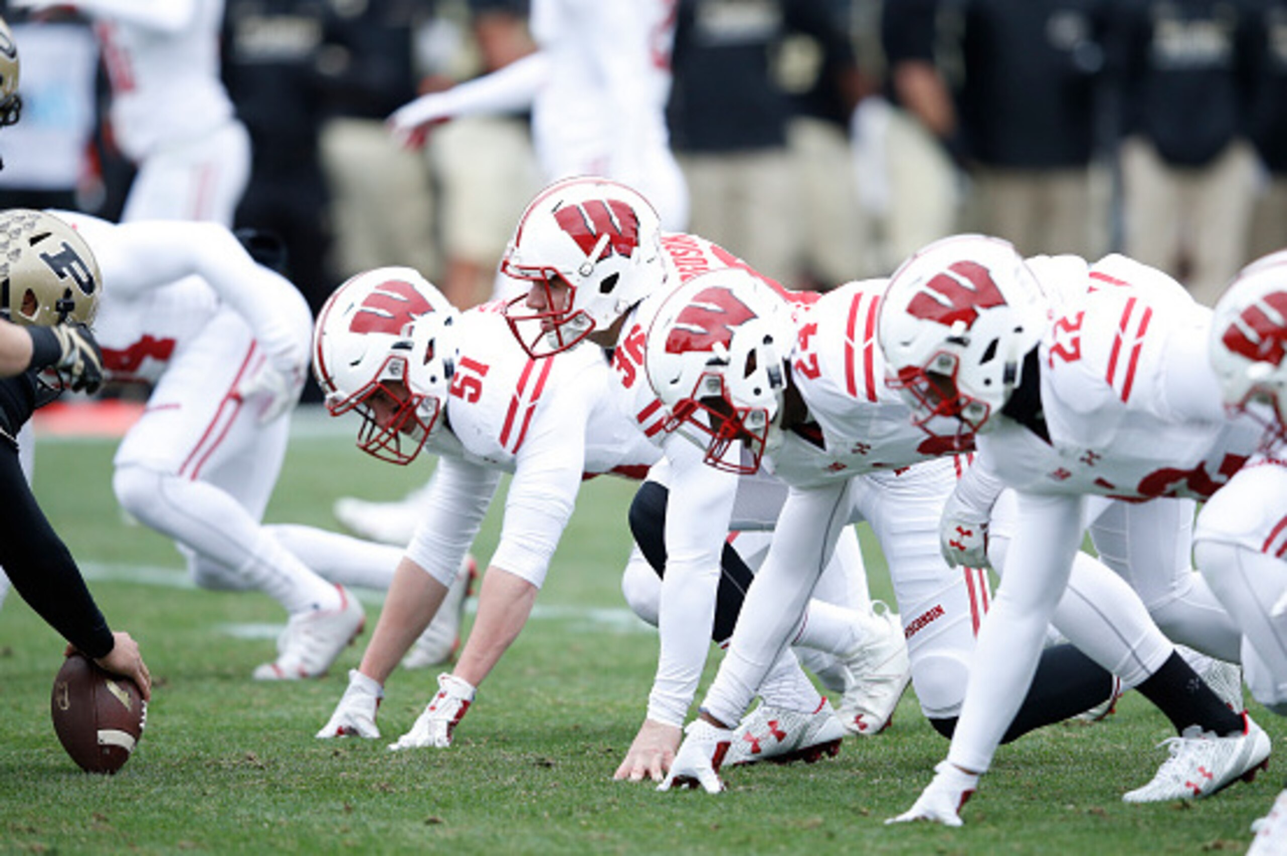 WEST LAFAYETTE, IN - NOVEMBER 19: Wisconsin Badgers face off at the line of scrimmage against the Purdue Boilermakers during the game at Ross-Ade Stadium on November 19, 2016 in West Lafayette, Indiana. Wisconsin defeated Purdue 49-20. (Photo by Joe Robbi WEST LAFAYETTE, IN - NOVEMBER 19: Wisconsin Badgers face off at the line of scrimmage against the Purdue Boilermakers during the game at Ross-Ade Stadium on November 19, 2016 in West Lafayette, Indiana. Wisconsin defeated Purdue 49-20. (Photo by Joe Robbi