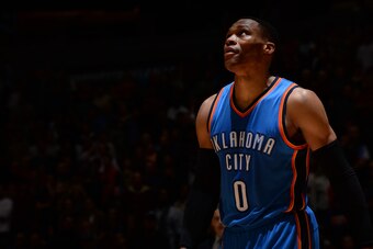 DENVER, CO - NOVEMBER 25: Russell Westbrook #0 of the Oklahoma City Thunder looks on during the game against the Denver Nuggets on November 25, 2016 at the Pepsi Center in Denver, Colorado. NOTE TO USER: User expressly acknowledges and agrees that, by dow