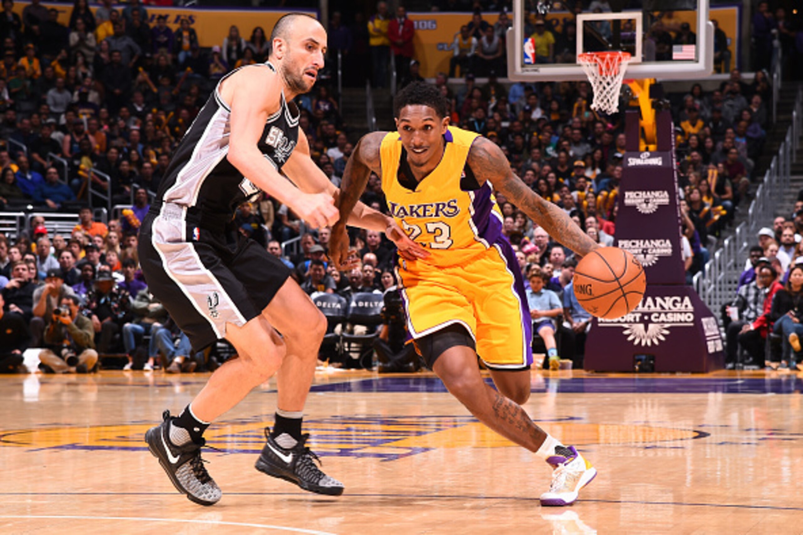LOS ANGELES, CA - NOVEMBER 18: Louis Williams #23 of the Los Angeles Lakers handles the ball against the San Antonio Spurs on November 18, 2016 at STAPLES Center in Los Angeles, California. NOTE TO USER: User expressly acknowledges and agrees that, by dow