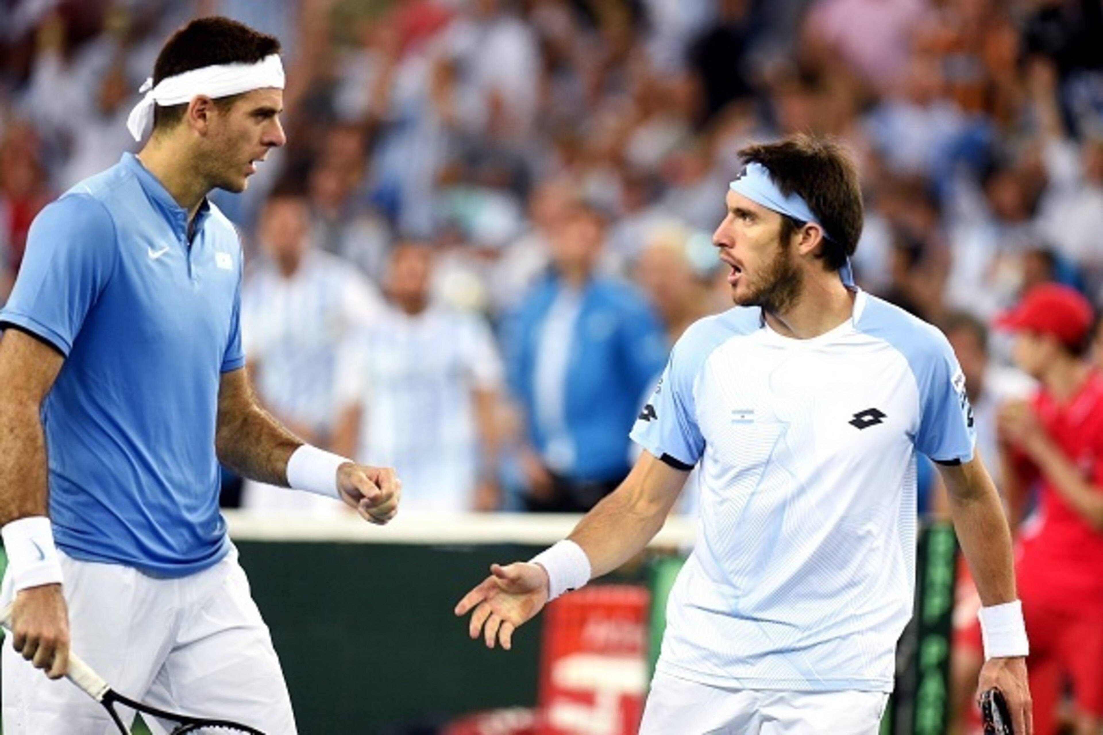 Argentina's Leonardo Mayer (R) and Juan Martin del Potro react as they compete against Croatia's Ivan Dodig and Marin Cilic during the Davis Cup World Group final doubles match between Croatia and Argentina at Arena hall in Zagreb, on November 26, 2016. Argentina's Leonardo Mayer (R) and Juan Martin del Potro react as they compete against Croatia's Ivan Dodig and Marin Cilic during the Davis Cup World Group final doubles match between Croatia and Argentina at Arena hall in Zagreb, on November 26, 2016.
