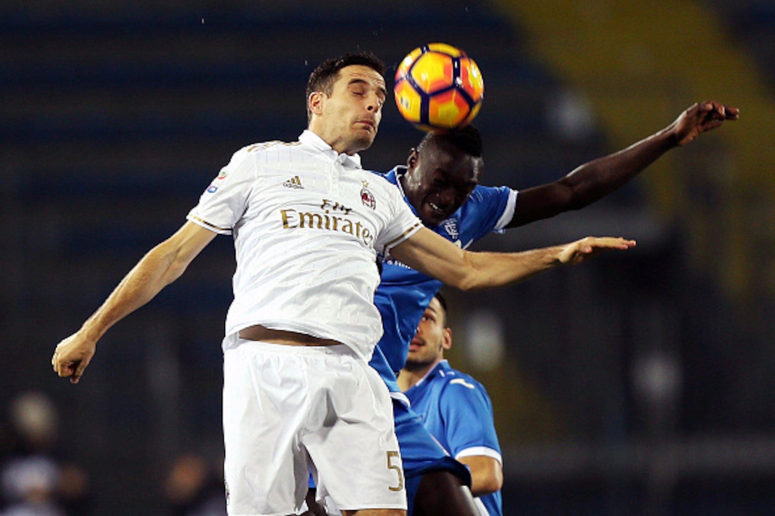 EMPOLI, ITALY - NOVEMBER 26: Assane Diousse' of Empoli FC fights for the ball with Giacomo Bonaventura of AC Milan during the Serie A match between Empoli FC and AC Milan at Stadio Carlo Castellani on November 26, 2016 in Empoli, Italy.  (Photo by Gabriel