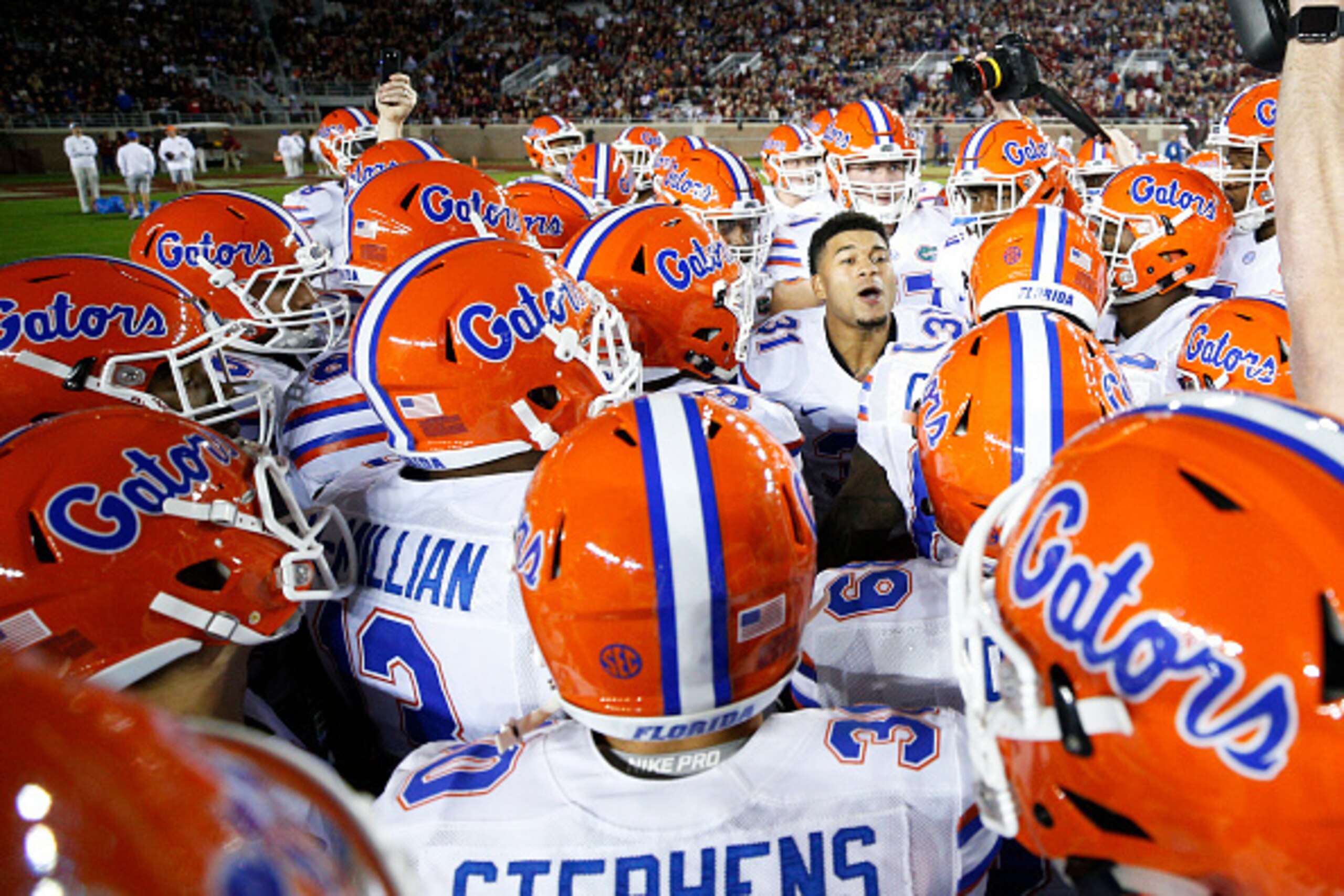 TALLAHASSEE, FL - NOVEMBER 26: Florida Gators players get ready before the game against the Florida State Seminoles at Doak Campbell Stadium on November 26, 2016 in Tallahassee, Florida. (Photo by Joe Robbins/Getty Images)