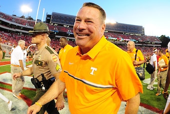 ATHENS, GA - OCTOBER 1: Head Coach Butch Jones of the Tennessee Volunteers celebrates after the game against the Georgia Bulldogs at Sanford Stadium on October 1, 2016 in Athens, Georgia. (Photo by Scott Cunningham/Getty Images)