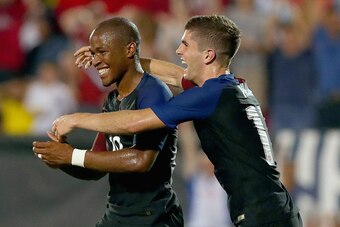 FRISCO, TX - MAY 25:  Nagbe Darlington #10 of the United States celebrates with Christian Pulisic #17 of the United States after scoring against Ecuador during an International Friendly match at Toyota Stadium on May 25, 2016 in Frisco, Texas.  (Photo by 