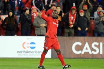 TORONTO, ON - OCTOBER 30:  Jozy Altidore #17 of Toronto FC celebrates his goal during the second half of an MLS Conference semi-final playoff game against New York City FC at BMO Field on October 30, 2016 in Toronto, Ontario, Canada.  (Photo by Vaughn Rid