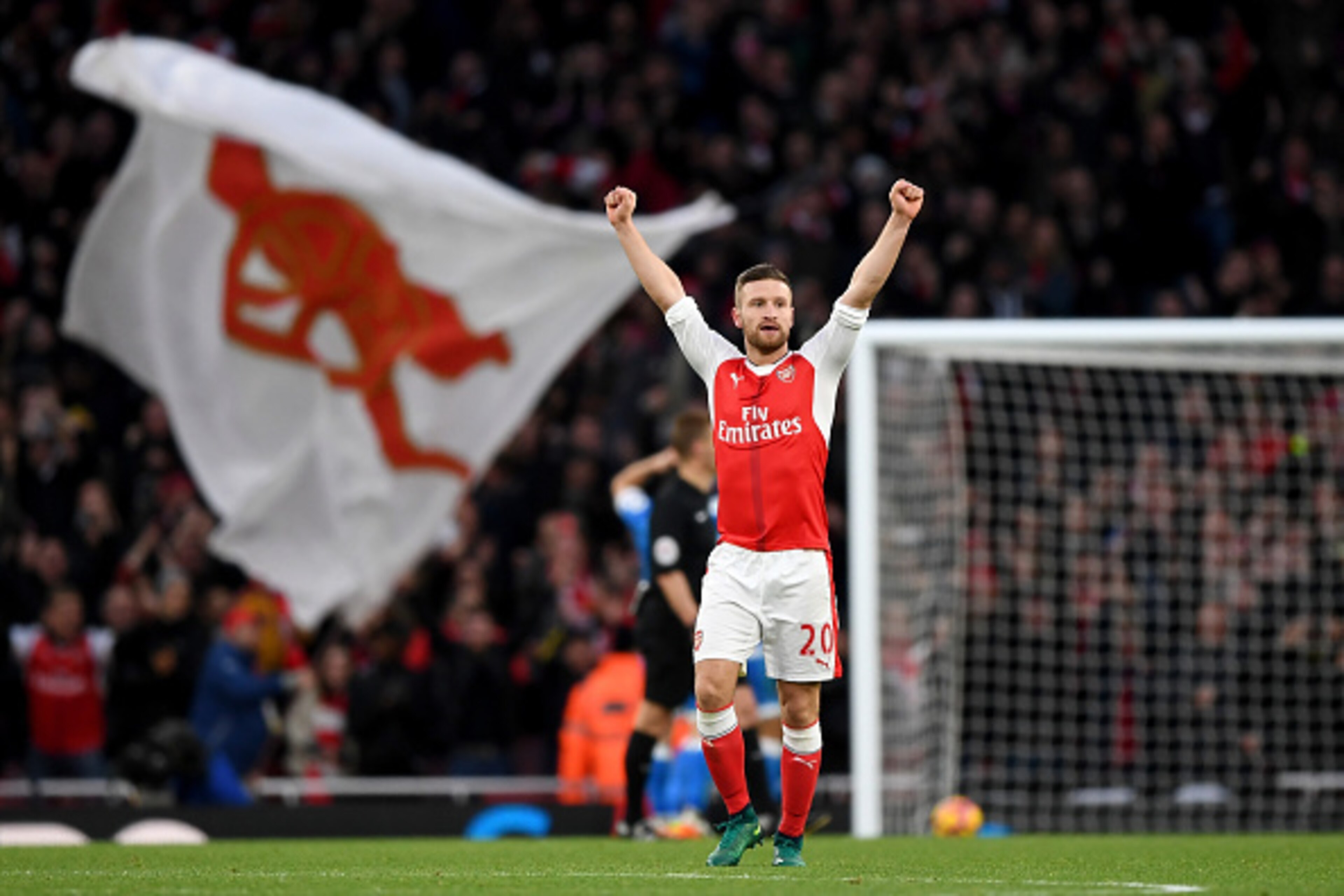 LONDON, ENGLAND - NOVEMBER 27:  Shkodran Mustafi of Arsenal celebrates his sides second goal during the Premier League match between Arsenal and AFC Bournemouth at Emirates Stadium on November 27, 2016 in London, England.  (Photo by Shaun Botterill/Getty 