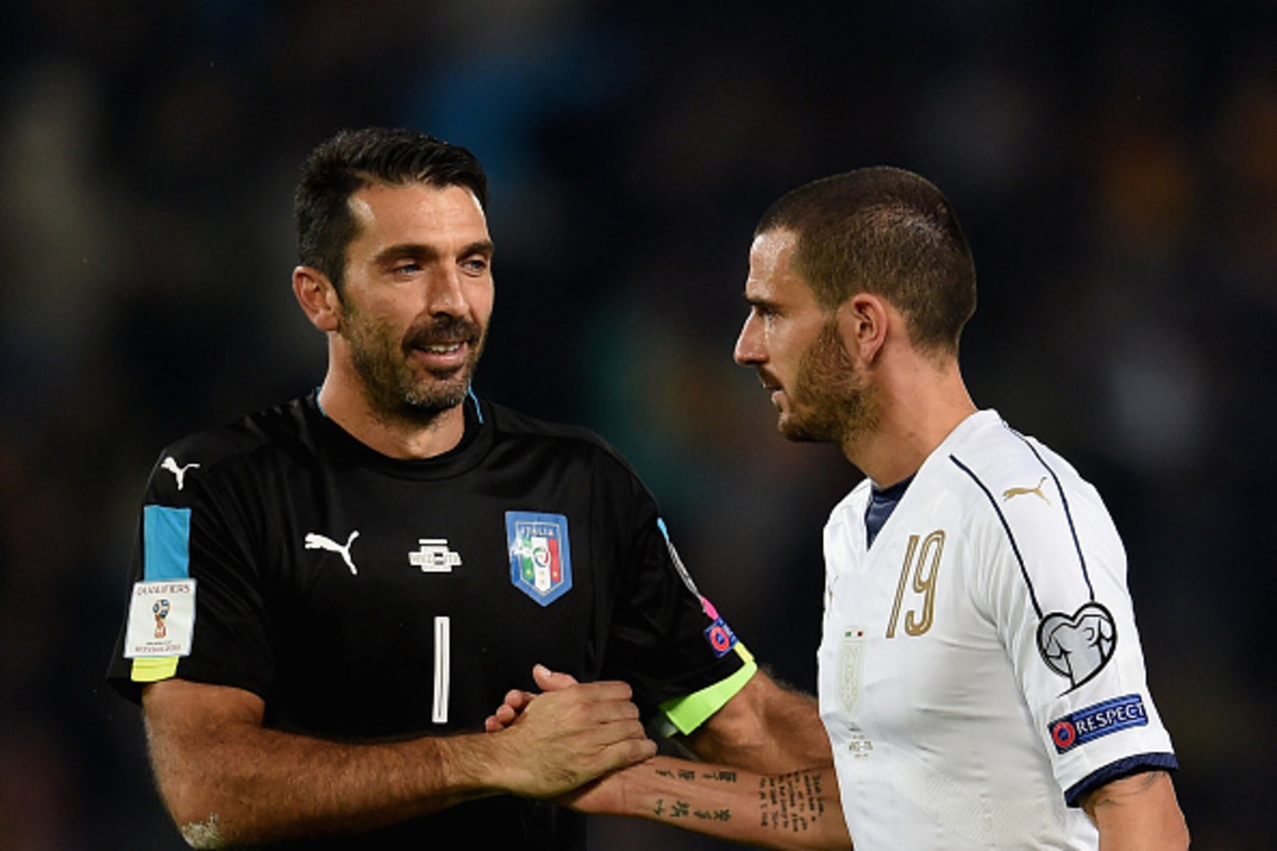 SKOPJE, MACEDONIA - OCTOBER 09:  Gianluigi Buffon (L) and Leonardo Bonucci of Italy celebrate at the end of the FIFA 2018 World Cup Qualifier between FYR Macedonia and Italy at Nacionalna Arena Filip II Makedonski on October 9, 2016 in Skopje, Macedonia. 