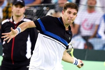 Argentina's Federico Delbonis returns ball to Croatia's Marin Cilic during the Davis Cup World Group final singles match between Croatia and Argentina at the Arena hall in Zagreb, on November 25, 2016. / AFP / STRINGER        (Photo credit should read STR