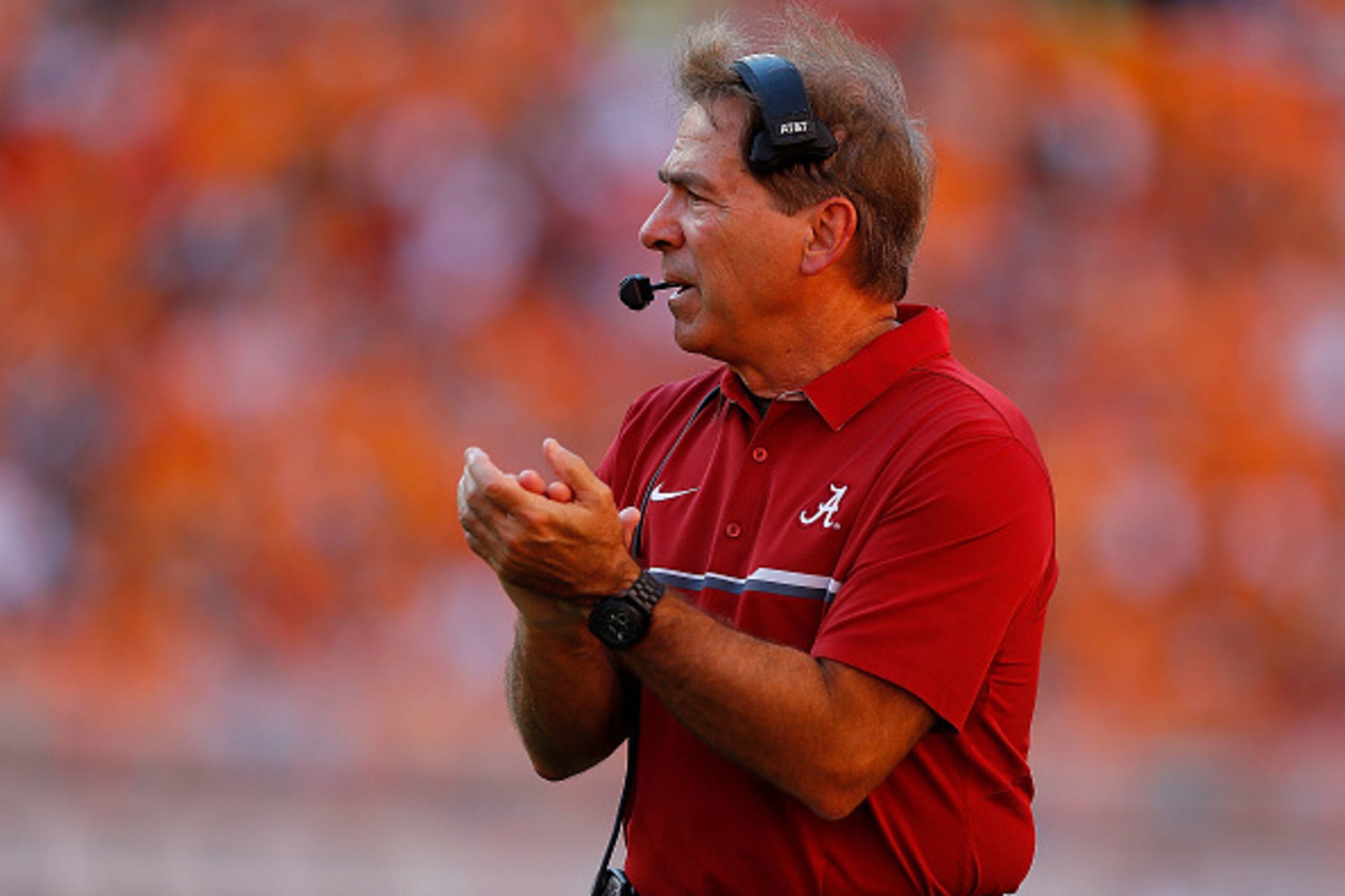 KNOXVILLE, TN - OCTOBER 15: Head coach Nick Saban of the Alabama Crimson Tide looks on during the game against the Tennessee Volunteers at Neyland Stadium on October 15, 2016 in Knoxville, Tennessee. (Photo by Kevin C. Cox/Getty Images) KNOXVILLE, TN - OCTOBER 15: Head coach Nick Saban of the Alabama Crimson Tide looks on during the game against the Tennessee Volunteers at Neyland Stadium on October 15, 2016 in Knoxville, Tennessee. (Photo by Kevin C. Cox/Getty Images)