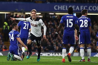 LONDON, ENGLAND - NOVEMBER 26:  Christian Eriksen of Tottenham Hotspur celebrates scoring the opening goal during the Premier League match between Chelsea and Tottenham Hotspur at Stamford Bridge on November 26, 2016 in London, England.  (Photo by Clive R