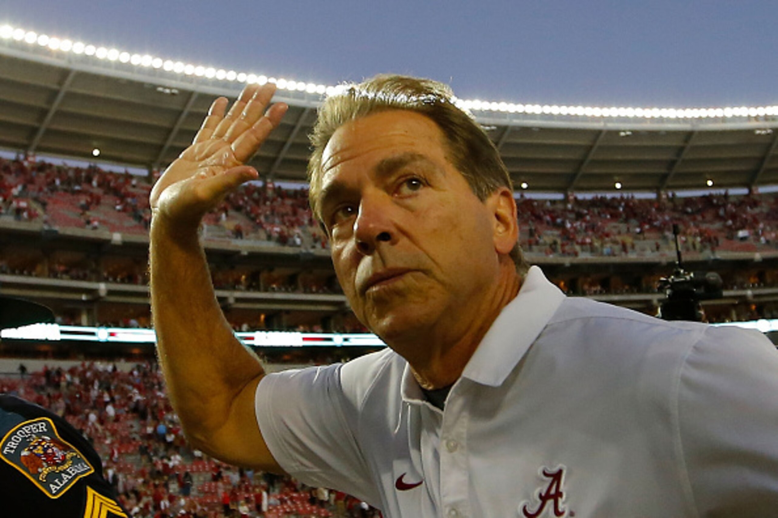 TUSCALOOSA, AL - OCTOBER 22:  Head coach Nick Saban of the Alabama Crimson Tide reacts after their 33-14 win over the Texas A&M Aggies at Bryant-Denny Stadium on October 22, 2016 in Tuscaloosa, Alabama.  (Photo by Kevin C. Cox/Getty Images)