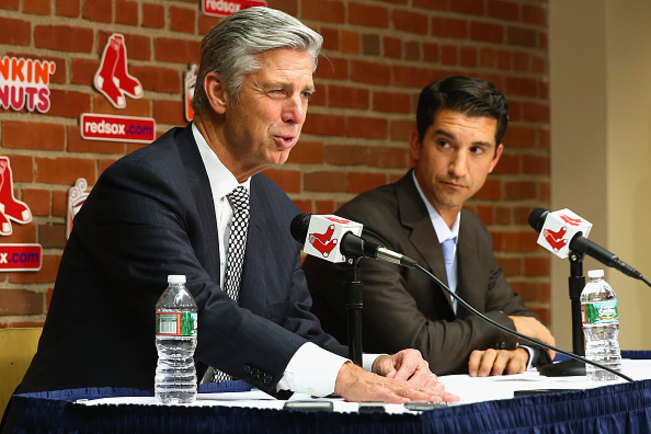 BOSTON, MA - SEPTEMBER 24: Dave Dombrowski, President of Baseball Operations, left, and Mike Hazen, new Senior Vice President and General Manager of the Red Sox, address the media during a press conference to announce Hazen's promotion before the game aga