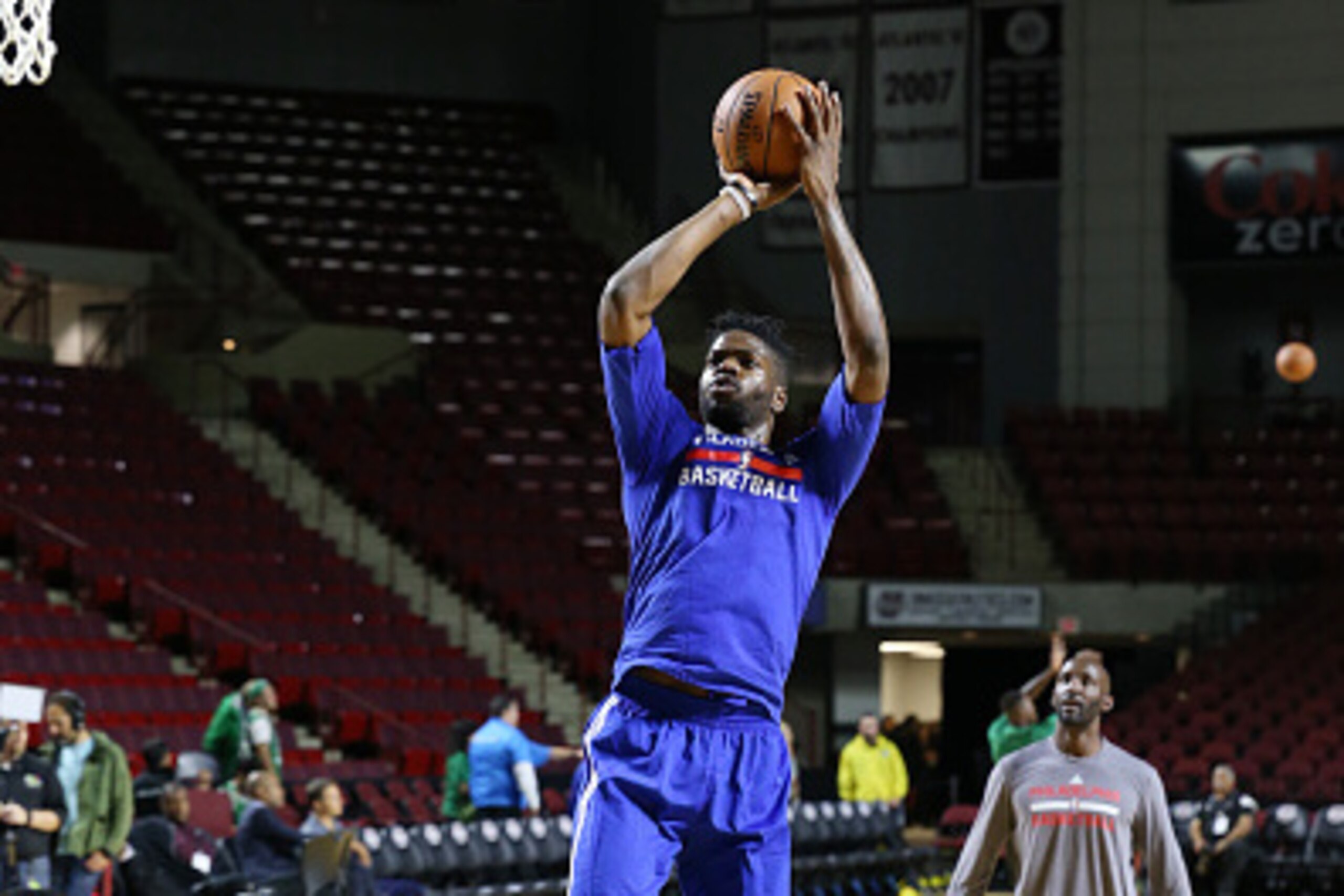 AMHERST, MA - OCTOBER 4: Nerlens Noel #4 of the Philadelphia 76ers warms up before the game against the Boston Celtics during a preseason game on October 4, 2016 at the Mullins Center in Amherst, Massachusetts. NOTE TO USER: User expressly acknowledges AMHERST, MA - OCTOBER 4: Nerlens Noel #4 of the Philadelphia 76ers warms up before the game against the Boston Celtics during a preseason game on October 4, 2016 at the Mullins Center in Amherst, Massachusetts. NOTE TO USER: User expressly acknowledges