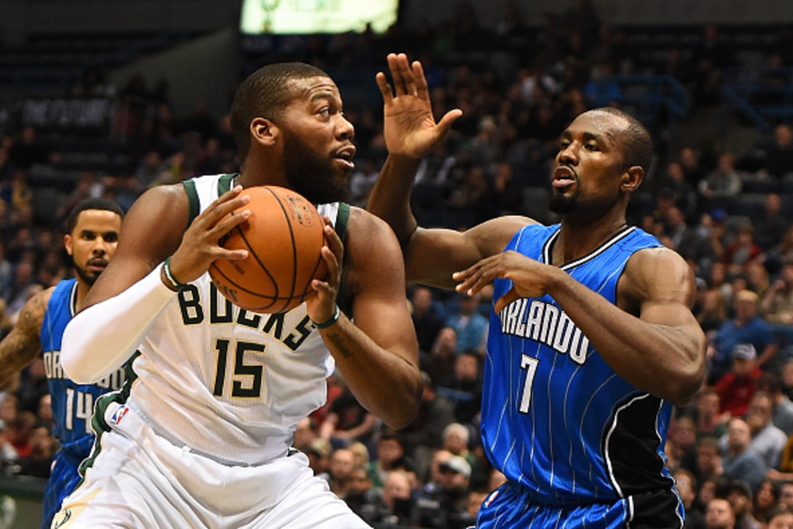 MILWAUKEE, WI - NOVEMBER 21: Greg Monroe #15 of the Milwaukee Bucks works against Serge Ibaka #7 of the Orlando Magic during a game at the BMO Harris Bradley Center on November 21, 2016 in Milwaukee, Wisconsin. Milwaukee defeated Orlando 93-89. NOTE TO MILWAUKEE, WI - NOVEMBER 21: Greg Monroe #15 of the Milwaukee Bucks works against Serge Ibaka #7 of the Orlando Magic during a game at the BMO Harris Bradley Center on November 21, 2016 in Milwaukee, Wisconsin. Milwaukee defeated Orlando 93-89. NOTE TO