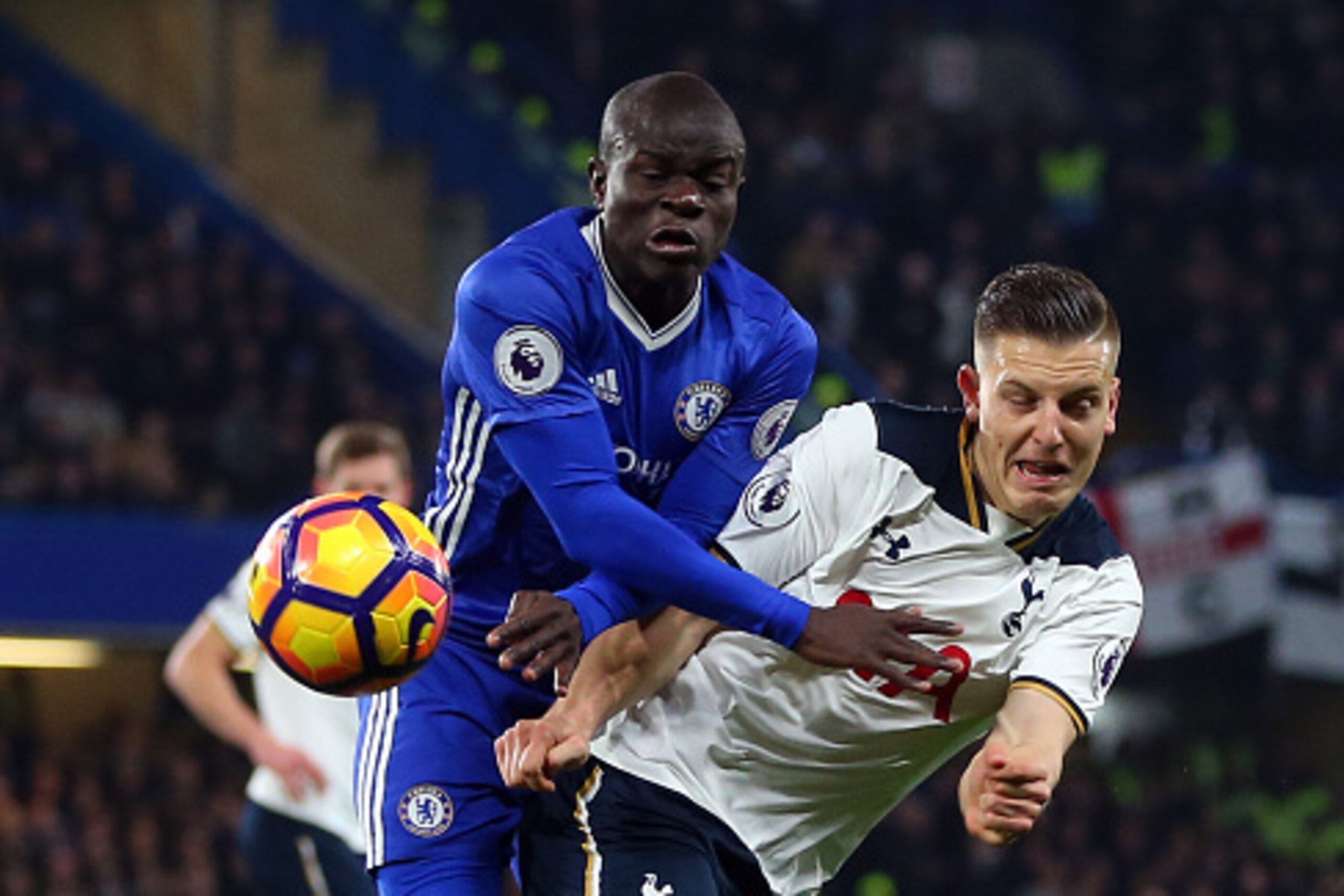 LONDON, ENGLAND - NOVEMBER 26: N'golo Kante of Chelsea collides with Kevin Wimmer of Tottenham Hotspur during the Premier League match between Chelsea and Tottenham Hotspur at Stamford Bridge on November 26, 2016 in London, England. (Photo by Catherine Iv