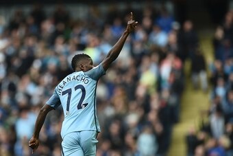 Manchester City's Nigerian striker Kelechi Iheanacho celebrates after scoring their first goal during the English Premier League football match between Manchester City and Southampton at the Etihad Stadium in Manchester, north west England, on October 23,