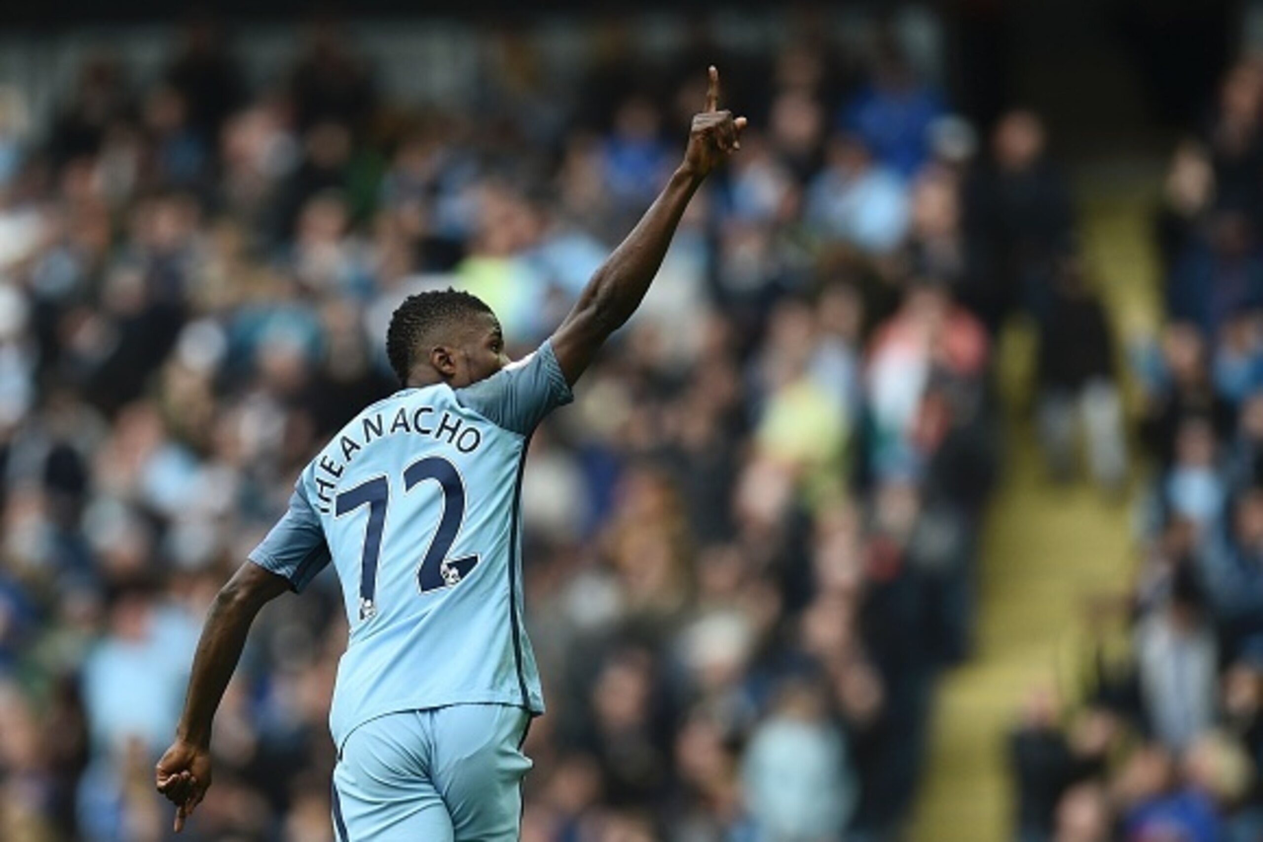 Manchester City's Nigerian striker Kelechi Iheanacho celebrates after scoring their first goal during the English Premier League football match between Manchester City and Southampton at the Etihad Stadium in Manchester, north west England, on October 23,