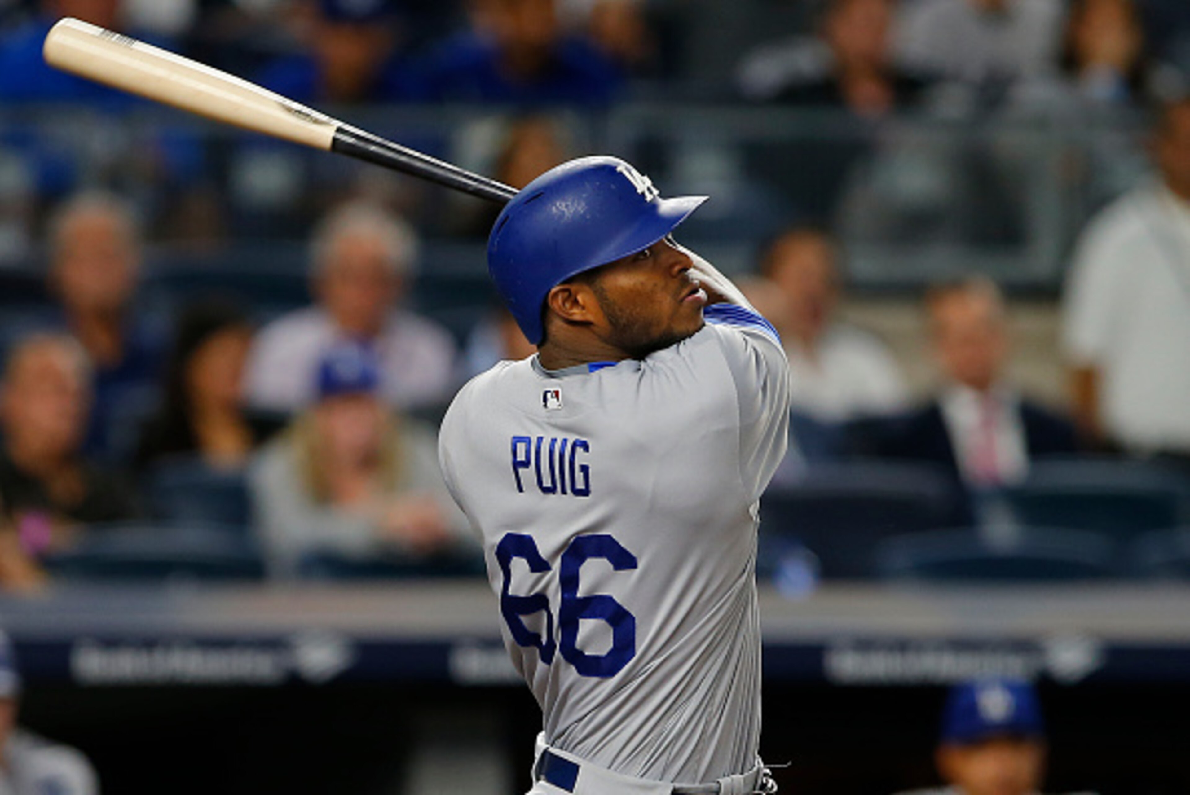 NEW YORK, NY - SEPTEMBER 13: Yasiel Puig #66 of the Los Angeles Dodgers in action against the New York Yankees during a game at Yankee Stadium on September 13, 2016 in New York City. (Photo by Rich Schultz/Getty Images)