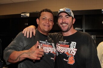 KANSAS CITY, MO - OCTOBER 01: Miguel Cabrera #24 and Justin Verlander #35 of the Detroit Tigers celebrate a 6-3 win over the Kansas City Royals and clinch the American League Central Division Tttle at Kauffman Stadium on October 1, 2012 in Kansas City, Mi