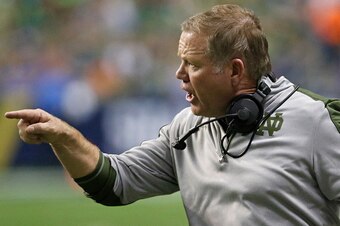 SAN ANTONIO,TX - NOVEMBER 12: Notre Dame head coach Brian Kelly makes a point to the officials during the second half of an NCAA college football game against Army  at the Alamodome on November 12, 2016 in San Antonio, Texas.  (Photo by Ronald Cortes/Gett