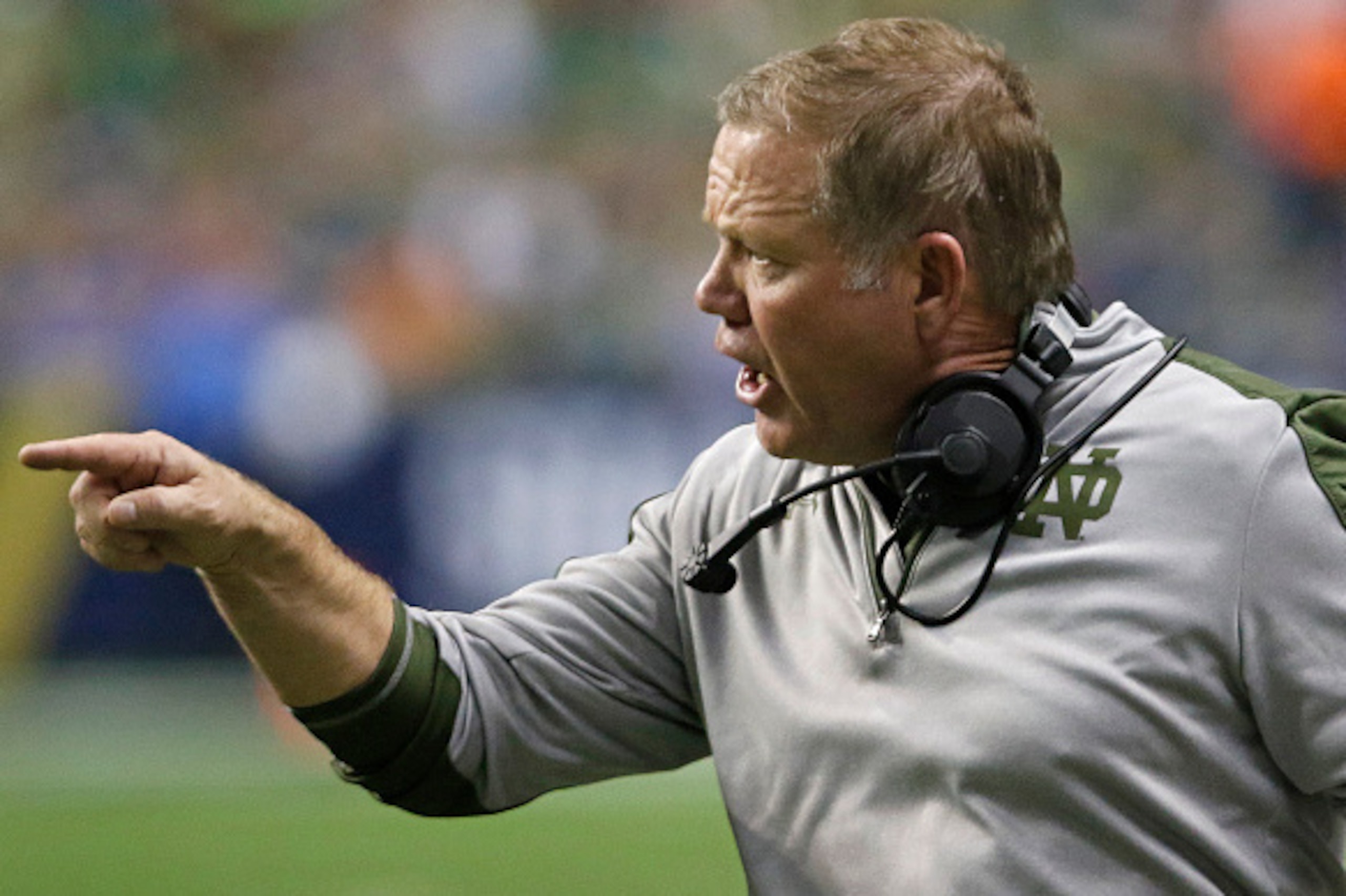 SAN ANTONIO,TX - NOVEMBER 12: Notre Dame head coach Brian Kelly makes a point to the officials during the second half of an NCAA college football game against Army  at the Alamodome on November 12, 2016 in San Antonio, Texas.  (Photo by Ronald Cortes/Gett