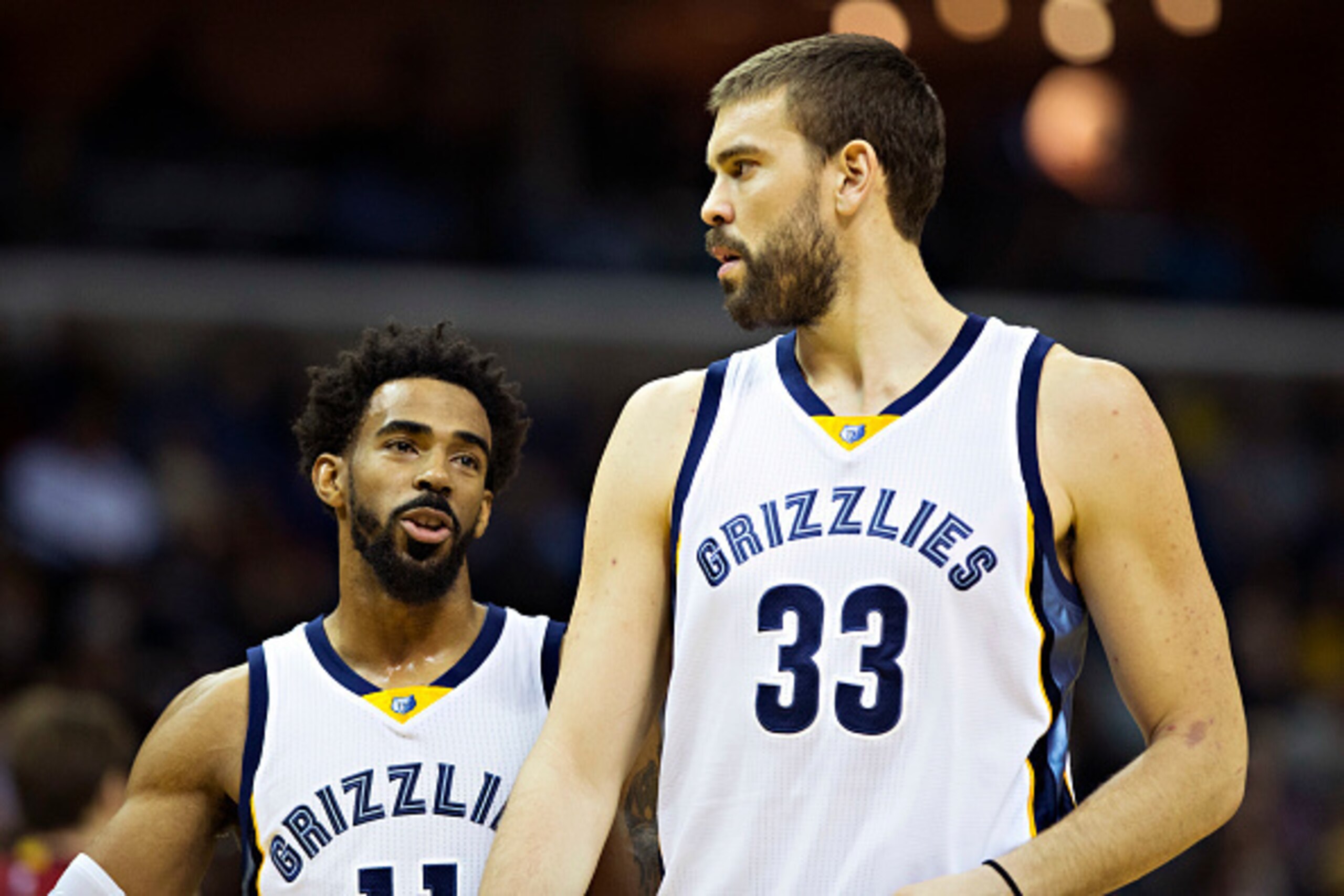 MEMPHIS, TN - NOVEMBER 25:  Mike Conley #11 talks with Marc Gasol #33 of the Memphis Grizzlies coming out of a timeout during a game against the Miami Heat at the FedExForum on November 25, 2016 in Memphis, Tennessee.  NOTE TO USER: User expressly acknowl