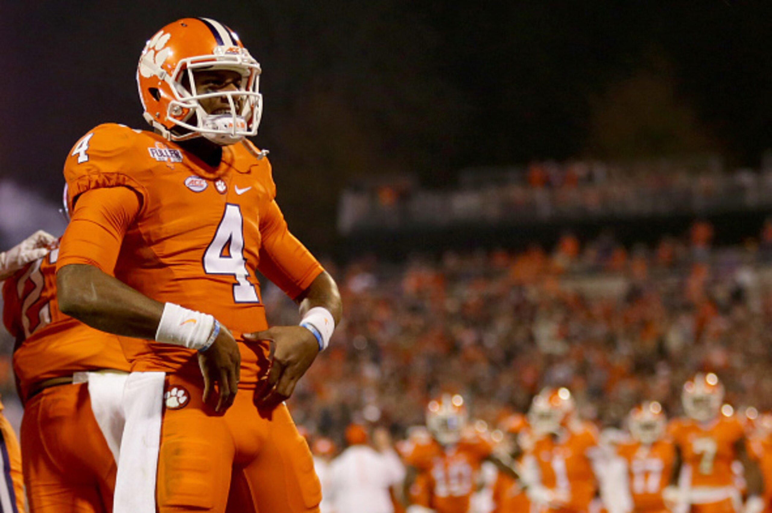 CLEMSON, SC - NOVEMBER 26:  Deshaun Watson #4 of the Clemson Tigers celebrates after a touchdown pass against the South Carolina Gamecocks during their game at Memorial Stadium on November 26, 2016 in Clemson, South Carolina.  (Photo by Streeter Lecka/Get