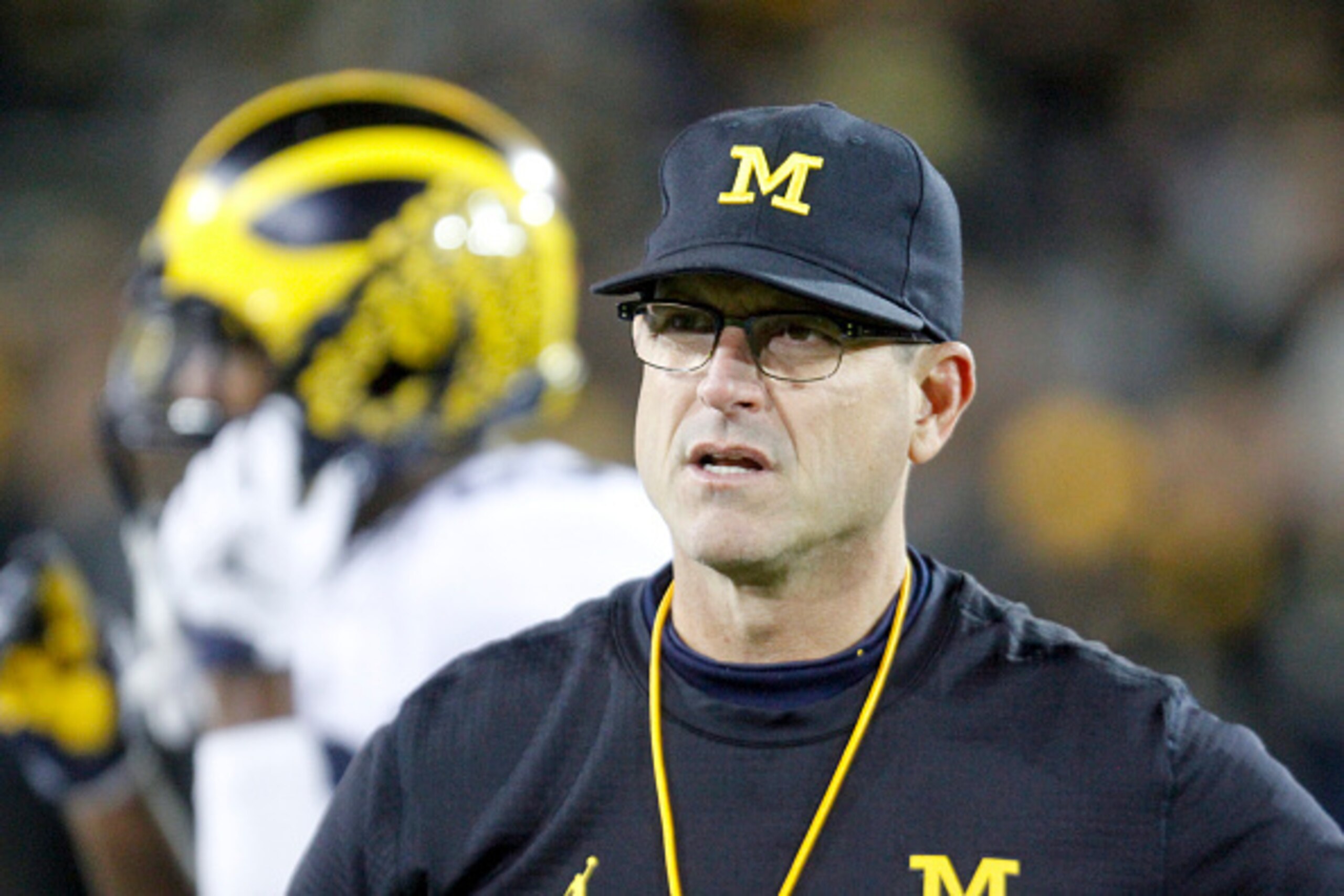 IOWA CITY, IOWA- NOVEMBER 12:  Head coach Jim Harbaugh of the Michigan Wolverines before the match-up against the Iowa Hawkeyes on November 12, 2016 at Kinnick Stadium in Iowa City, Iowa.  (Photo by Matthew Holst/Getty Images)