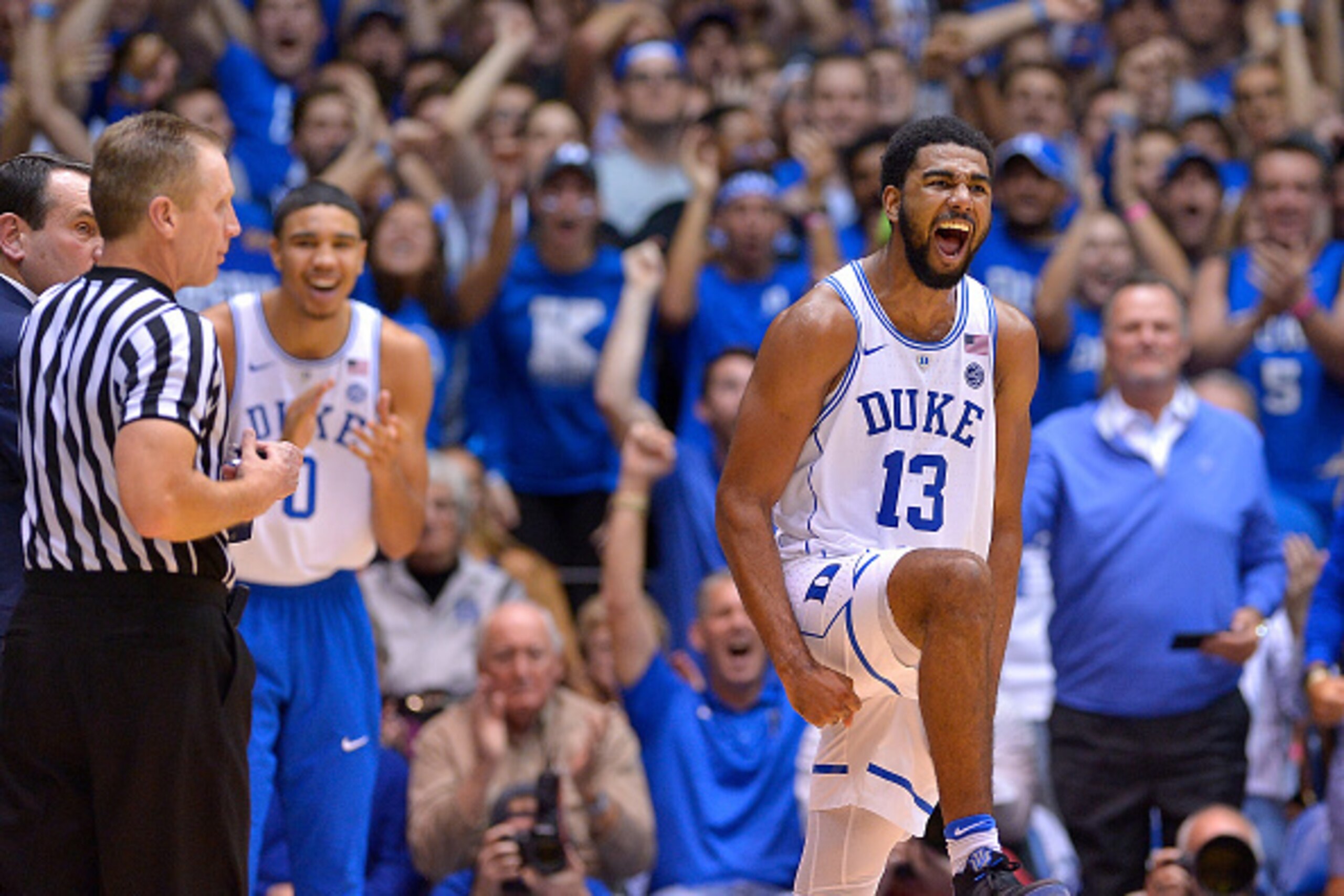DURHAM, NC - NOVEMBER 29:  Matt Jones #13 of the Duke Blue Devils reacts after making a three-point basket against the Michigan State Spartans during the game at Cameron Indoor Stadium on November 29, 2016 in Durham, North Carolina. Duke won 78-69.  (Phot