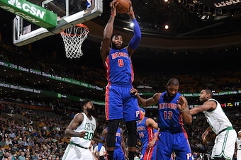 BOSTON, MA - NOVEMBER 30: Andre Drummond #0 of the Detroit Pistons grabs the rebound against the Boston Celtics on November 30, 2016 at the TD Garden in Boston, Massachusetts.  NOTE TO USER: User expressly acknowledges and agrees that, by downloading and 