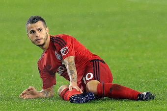 TORONTO, ON - NOVEMBER 30:  Sebastian Giovinco #10 of Toronto FC injures his calf during the second half of the MLS Eastern Conference Final, Leg 2 game against Montreal Impact at BMO Field on November 30, 2016 in Toronto, Ontario, Canada.  (Photo by Vaug