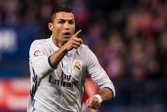 MADRID, SPAIN - NOVEMBER  19: Cristiano Ronaldo of Real Madrid reacts during their La Liga match between Atletico de Madrid and Real Madrid at the Vicente Calderon Stadium on 19 November 2016 in Madrid, Spain. (Photo by Power Sport Images/Getty Images)