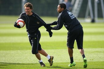 MANCHESTER, UNITED KINGDOM - MARCH 11:  Robinho of Manchester City jokes around with team mate Elano during a training session, ahead of their UEFA Cup match against Aalborg, held at the Carrington Training Complex on March 11, 2009 in Manchester, England