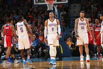 OKLAHOMA CITY, OK - NOVEMBER 30:  Russell Westbrook #0 and Steven Adams #12 of the Oklahoma City Thunder are seen during the game against the Washington Wizards on November 30, 2016 at Chesapeake Energy Arena in Oklahoma City, Oklahoma. At 2:00 left in th
