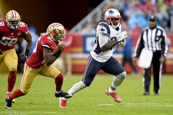 SANTA CLARA, CA - NOVEMBER 20:  LeGarrette Blount #29 of the New England Patriots carries the ball against the San Francisco 49ers during the fourth quarter of their NFL football game at Levi's Stadium on November 20, 2016 in Santa Clara, California.  (Ph