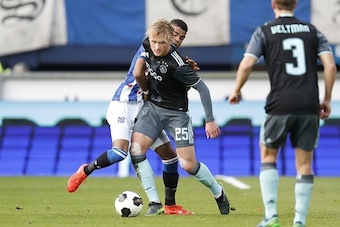 (L-R) Kasper Dolberg of Ajax, Jerry St. Juste of sc Heerenveen, Joel Veltman of Ajaxduring the Dutch Eredivisie match between sc Heerenveen and Ajax Amsterdam at Abe Lenstra Stadium on November 27, 2016 in Heerenveen, The Netherlands(Photo by VI Images vi