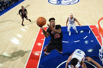 PHILADELPHIA,PA - NOVEMBER 25: Jimmy Butler #21 of the Chicago Bulls goes up for the layup against the Philadelphia 76ers at Wells Fargo Center on November 25, 2016 in Philadelphia, Pennsylvania NOTE TO USER: User expressly acknowledges and agrees that, b